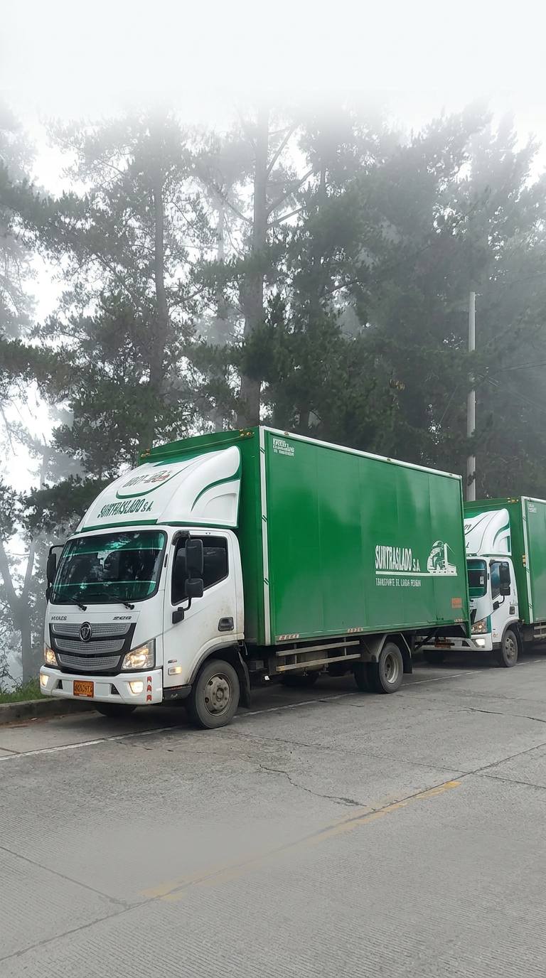 Furgones cerrados de SURTRASLADO S.A. estacionados en ruta de montaña
