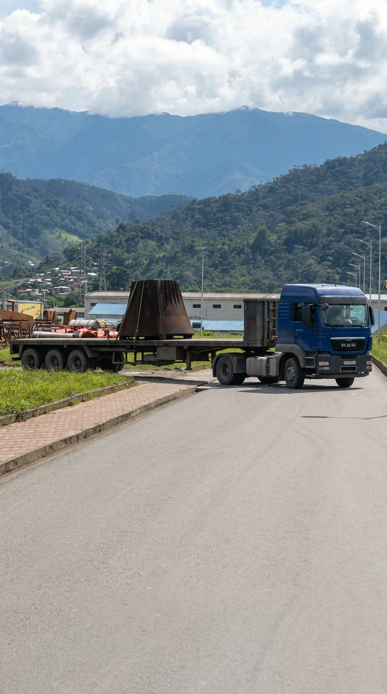 Plataforma con carga industrial saliendo de planta
